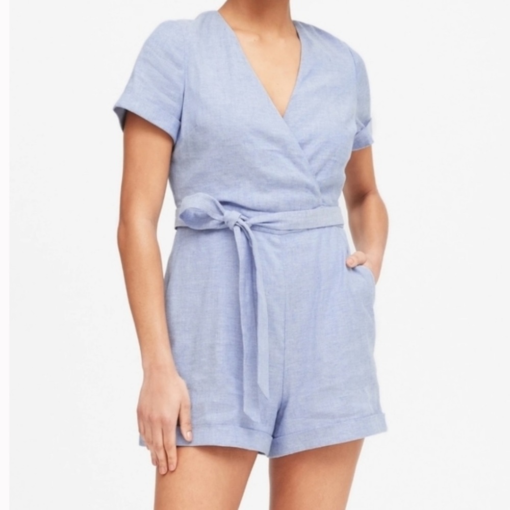 Banana Republic Light Blue Linen Wrap Romper